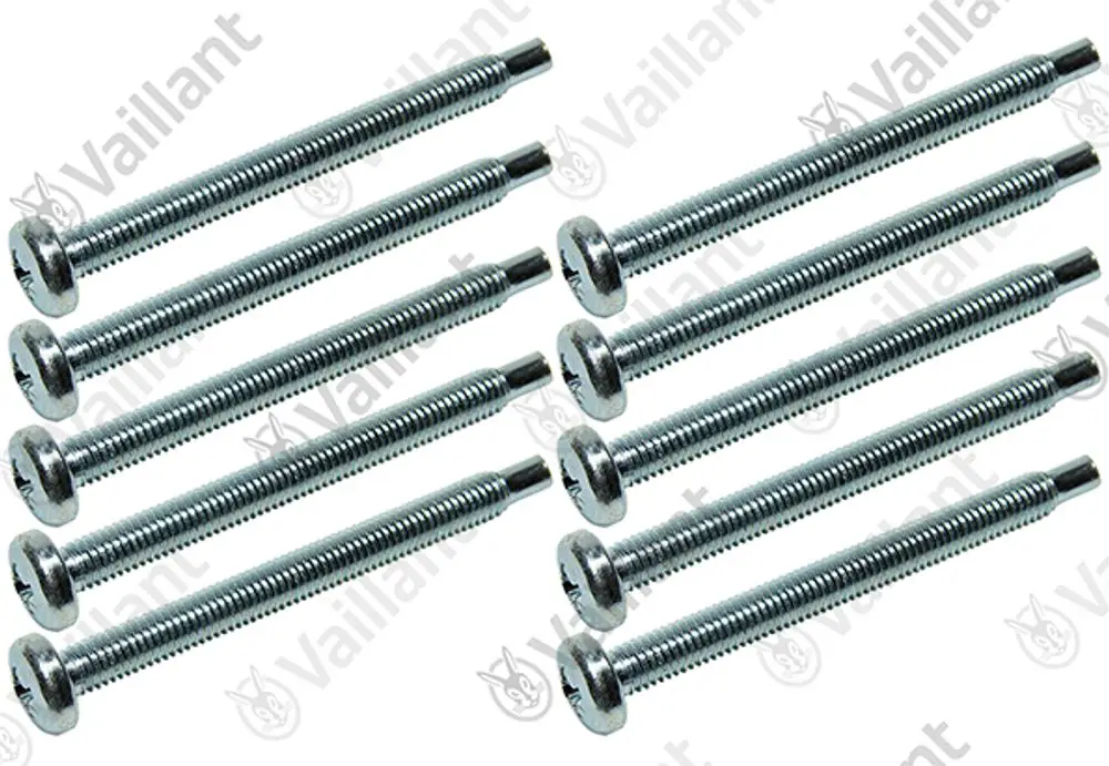 Schrauben in einer Packung, markiert mit Vaillant. Die Schrauben sind aus Metall mit einem gerippten Schaft und flachem Kopf, angeordnet in zwei Reihen.